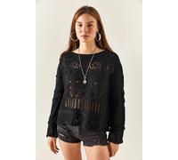 Hoxton Gal Regular Fit Openwork Cotton Knit Sweater With Mini Pom-Pom Detail In Black Black S