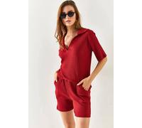Hoxton Gal Regular Fit Ribbed 2-Piece Set With Polo Top & Pocket Shorts In Burgundy Burgundy S