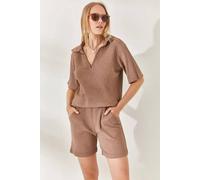 Hoxton Gal Regular Fit Ribbed 2-Piece Set With Polo Top & Pocket Shorts In Dark Brown Dark Brown M