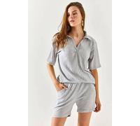 Hoxton Gal Regular Fit Ribbed 2-Piece Set With Polo Top & Pocket Shorts In Grey Grey S