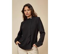 Hoxton Gal Relaxed Fit High Neck Blouse With Brooch Detail In Black Black 8-10