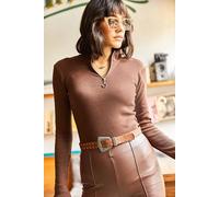 Hoxton Gal Slim Fit Ribbed Zip Neck Stretch Top In Dark Brown Dark Brown S