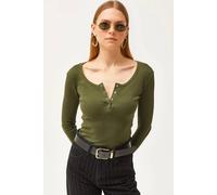 Hoxton Gal Slim Fit Striped Ribbed Long Sleeve Top With Button Placket In Khaki Khaki S