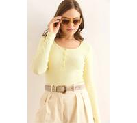 Hoxton Gal Slim Fit Striped Ribbed Long Sleeve Top With Button Placket In Yellow Yellow M