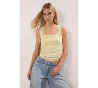 Hoxton Gal Square Neck Ruched Sides Crop Top With Shoulder Bow Detail In Yellow Yellow M