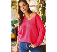 Hoxton Gal V-Neck Fisherman Rib Knit Jumper In Fuchsia Fuchsia