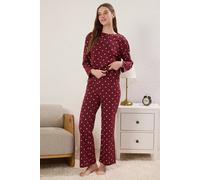 Hoxton Gal Women’S Relaxed Fit Pyjama Set Polka Dot & Heart Print In Burgundy Burgundy M
