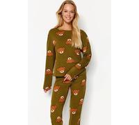 HOXTON GAL Women's 100% Cotton Knitted Teddy Bear Print Pyjama Set in Khaki | Size: Medium HOXTON GAL Khaki M