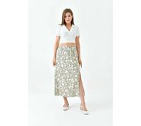 HOXTON GAL Women's A-Line Woven Skirt with Elastic Waist & Side Slit with Animal Print in Khaki | Size: 12 HOXTON GAL Khaki 12