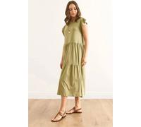 HOXTON GAL Women's Cotton Ruffle-Sleeve Tiered Midi Dres in Khaki | Size: XL HOXTON GAL Khaki XL