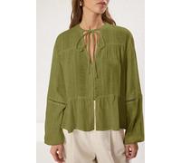 HOXTON GAL Women's Cotton Textured Shirt With Lace Sleeve Detail Regular Fit in Khaki | Size: 14 HOXTON GAL Khaki 14