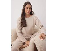 HOXTON GAL Women's Cozy Ribbed Knit Long Sleeve & Wide Leg Pajama Set - 2 Piece in Beige | Size: Medium HOXTON GAL Beige M