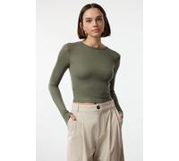 HOXTON GAL Women's Crew Neck Cropped Stretch Knit Blouse in Khaki | Size: Large HOXTON GAL Khaki L