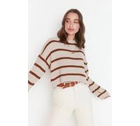 HOXTON GAL Women's Cropped Oversized Striped Knit Sweater in Stone | Size: Medium HOXTON GAL Stone M