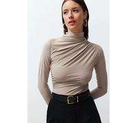 HOXTON GAL Women's Fitted Ruched Asymmetric High Neck Knit Top with Long Sleeve in Stone | Size: Medium HOXTON GAL Stone M