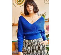 HOXTON GAL Women's Front & Back V-Neck Cropped Regular Fit Knit Sweater in Blue | Size: Large HOXTON GAL Blue L