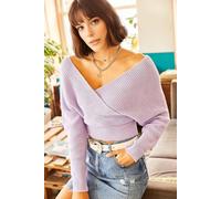 HOXTON GAL Women's Front & Back V-Neck Cropped Regular Fit Knit Sweater in Lilac | Size: Large HOXTON GAL Lilac L