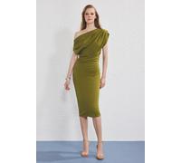HOXTON GAL Women's Midi Knit Bodycon Dress with Ruched Waist & Draped Shoulder in Green | Size: XS HOXTON GAL Green XS