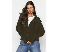 HOXTON GAL Women's Oversized Half-Zip High Neck Knit Sweater in Khaki | Size: Medium HOXTON GAL Khaki M