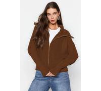 HOXTON GAL Women's Oversized Half-Zip High Neck Knit Sweater in Light Brown | Size: Large HOXTON GAL Light Brown L