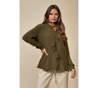 HOXTON GAL Women's Oversized Long Sleeves Blouse with Frilled Front in Khaki | Size: 8-10 HOXTON GAL Khaki 8-10