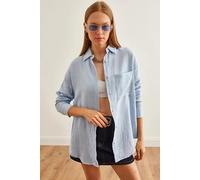 HOXTON GAL Women's Oversized Muslin Button-Up Shirt with Front Pockets in Light Blue | Size: Medium HOXTON GAL Light Blue M