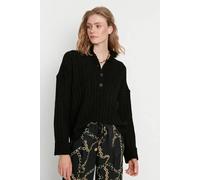 HOXTON GAL Women's Oversized Ribbed Knit Sweater with High Neck & Button Placket in Black | Size: Large HOXTON GAL Black L