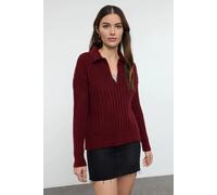 HOXTON GAL Women's Oversized Ribbed Knit Sweater with Polo Collar & Deep V-Neck in Burgundy | Size: Large HOXTON GAL Burgundy L