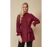 HOXTON GAL Women's Oversized Tie Ruffle Neck Top with Tie Waist Detailed in Burgundy | Size: 12-14 HOXTON GAL Burgundy 12-14