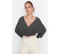 HOXTON GAL Women's Oversized Wrap Front V-Neck Knit Sweater in Dark Grey | Size: Medium HOXTON GAL Dark Grey M