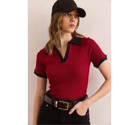 HOXTON GAL Women's Polo Collar Short Sleeve Blouse with Beige Contrast Trim in Stretch Cotton in Burgundy | Size: Medium HOXTON GAL Burgundy M