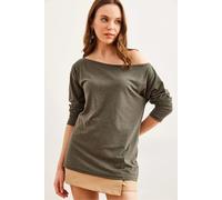 HOXTON GAL Women's Regular Fit Boat Neck Long Sleeve Draped Jumper in Khaki | Size: Large HOXTON GAL Khaki L