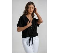 HOXTON GAL Women's Regular Fit Casual Short Sleeve Blouse with Button Front & Tie Detail in Black | Size: Large HOXTON GAL Black L