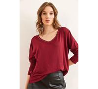 HOXTON GAL Women's Regular Fit Casual V-Neck Blouse with Stitch Detail in Burgundy | Size: Medium HOXTON GAL Burgundy M