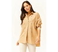 HOXTON GAL Women's Regular Fit Chic Button-Down Shirt with Crystal Embellishments in Camel | Size: Large HOXTON GAL Camel L
