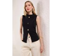 HOXTON GAL Women's Regular Fit Crew Neck Sleeveless Blouse with Buttons in Black | Size: Large HOXTON GAL Black L