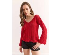 HOXTON GAL Women's Regular Fit Crochet Knit Sweater with Flared Sleeves in Red | Size: Small HOXTON GAL Red S