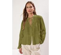 HOXTON GAL Women's Regular Fit Lace Sleeve Detail Textured Cotton Blouse in Khaki | Size: 10 HOXTON GAL Khaki 10