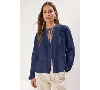 HOXTON GAL Women's Regular Fit Lace Sleeve Detail Textured Cotton Blouse in Navy | Size: 14 HOXTON GAL Navy 14