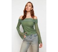 HOXTON GAL Women's Regular Fit Off-Shoulder Mesh Sleeve Top with Flared Cuffs in Khaki | Size: XL HOXTON GAL Khaki XL