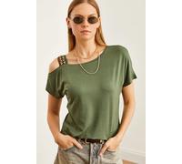 HOXTON GAL Women's Regular Fit One-Shoulder Top with Ethnic Strap Detail in Khaki | Size: Medium HOXTON GAL Khaki M
