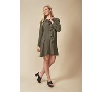 HOXTON GAL Women's Relaxed Fit Long Sleeves Frilled Front Tunic Top in Khaki | Size: 12-14 HOXTON GAL Khaki 12-14