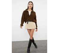 HOXTON GAL Women's Relaxed Fit V-Neck Ribbed Knit Long Sleeve Polo Collar Sweater Jumper in Brown | Size: Large HOXTON GAL Brown L