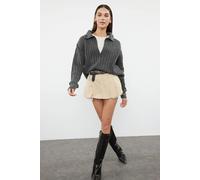 HOXTON GAL Women's Relaxed Fit V-Neck Ribbed Knit Long Sleeve Polo Collar Sweater Jumper in Dark Grey | Size: Medium HOXTON GAL Dark Grey M