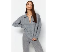 HOXTON GAL Women's Relaxed Fit V-Neck Ribbed Knit Long Sleeve Polo Collar Sweater Jumper in Grey | Size: Small HOXTON GAL Grey S