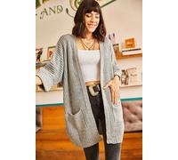 HOXTON GAL Women's Relaxed Knit Cardigan with Folded Sleeves & Pockets in Grey HOXTON GAL Grey One Size