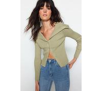 HOXTON GAL Women's Ribbed Knit Cropped Cardigan with Draped Collar in Khaki | Size: XS HOXTON GAL Khaki XS