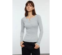 HOXTON GAL Women's Ribbed Mélange Long Sleeve Knit Top with Snap Buttons in Grey | Size: Small HOXTON GAL Grey S