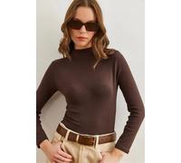 HOXTON GAL Women's Slim Fit High-Neck Draped Soft Touch Blouse in Brown | Size: Small HOXTON GAL Brown S