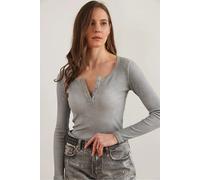 HOXTON GAL Women's Slim Fit Striped Ribbed Long Sleeve Top with Button Placket in Grey | Size: XL HOXTON GAL Grey XL